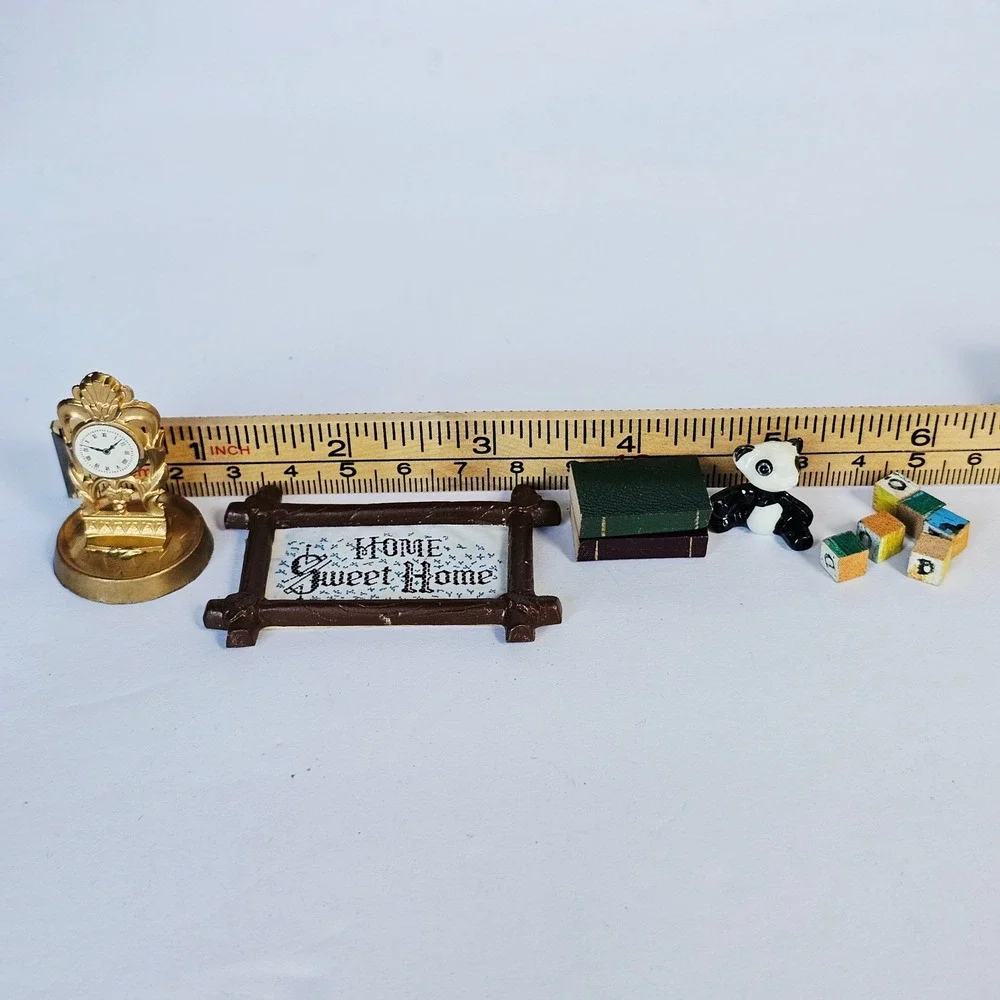Vintage Dollhouse Accessories Lot Gold Clock‎ Home Sweet Home Sign Panda Blocks